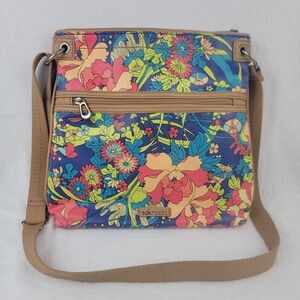 Sakroots Crossbody Bag Purse Floral Print Canvas Tan Trim Adjustable Strap